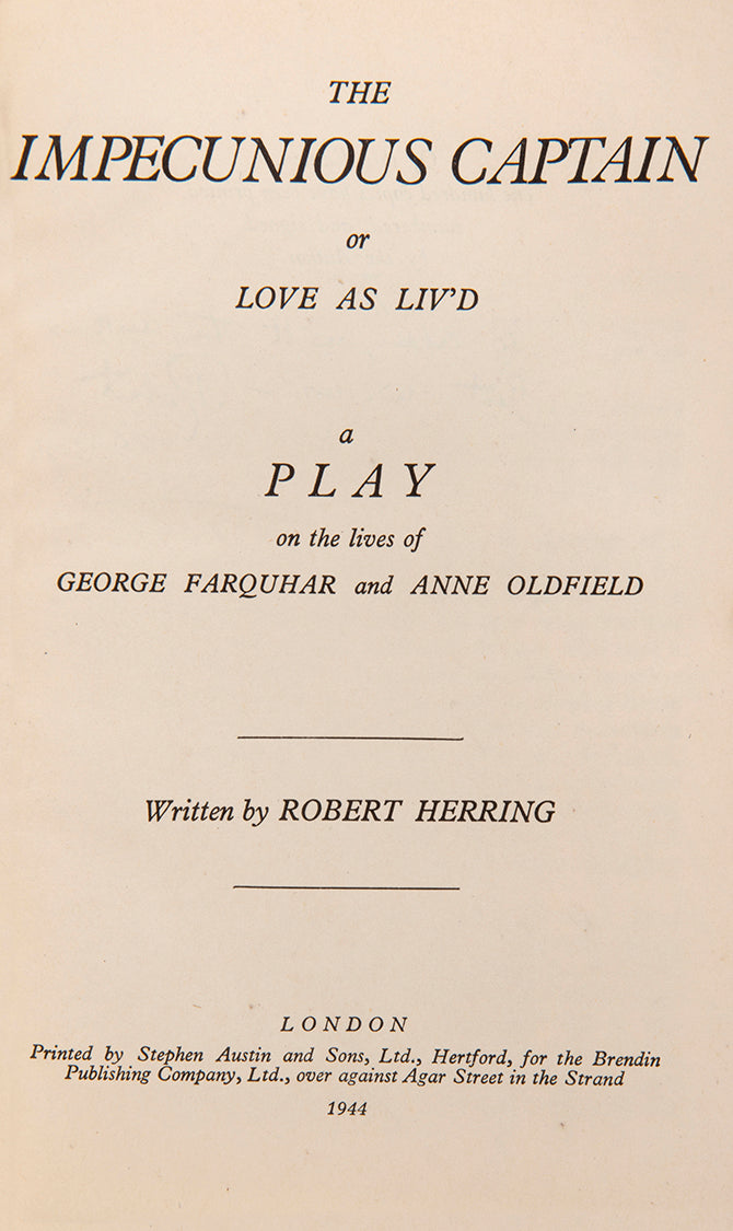 First edition of The Impecunious Captain by Robert Herring, inscribed by the author to the poet Alan Rook.