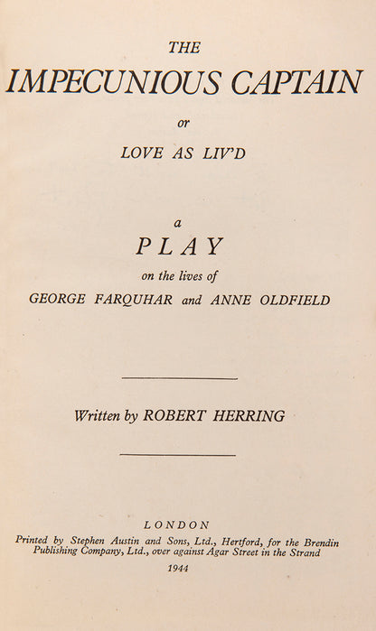 First edition of The Impecunious Captain by Robert Herring, inscribed by the author to the poet Alan Rook.