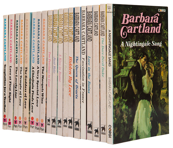 A selection of 18 of Barbara Cartland's famous historical romances each with signed presentation inscription, in pink or red ink, to her neighbour Susie.
