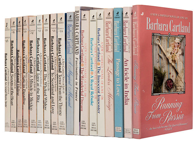 A selection of 17 US editions of Barbara Cartland's romances each with signed presentation inscription, in pink or red ink, to her neighbour Susie.