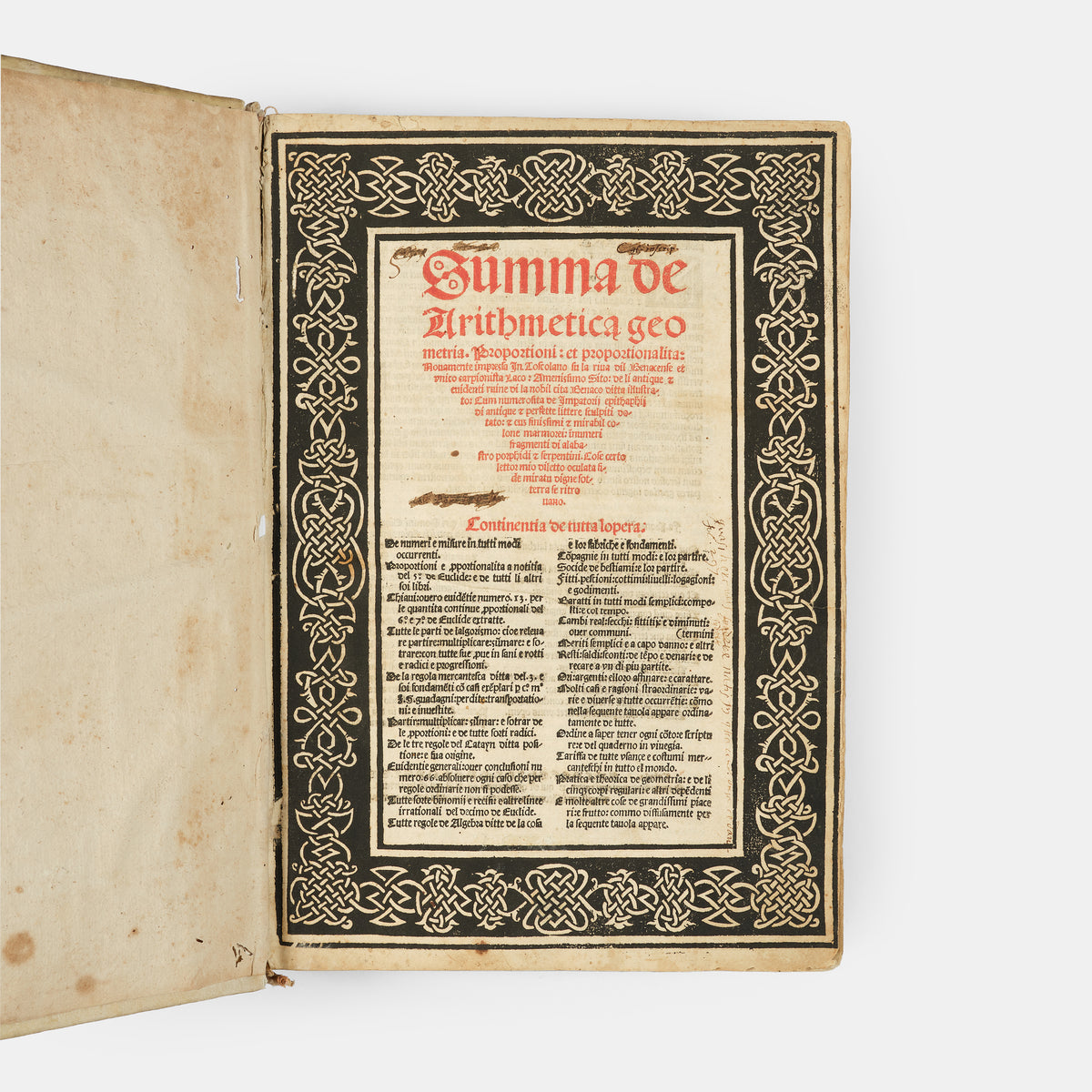 Second edition of Summa de Arithmetica by Luca Pacioli, the first mathematical encyclopaedia of the Renaissance.