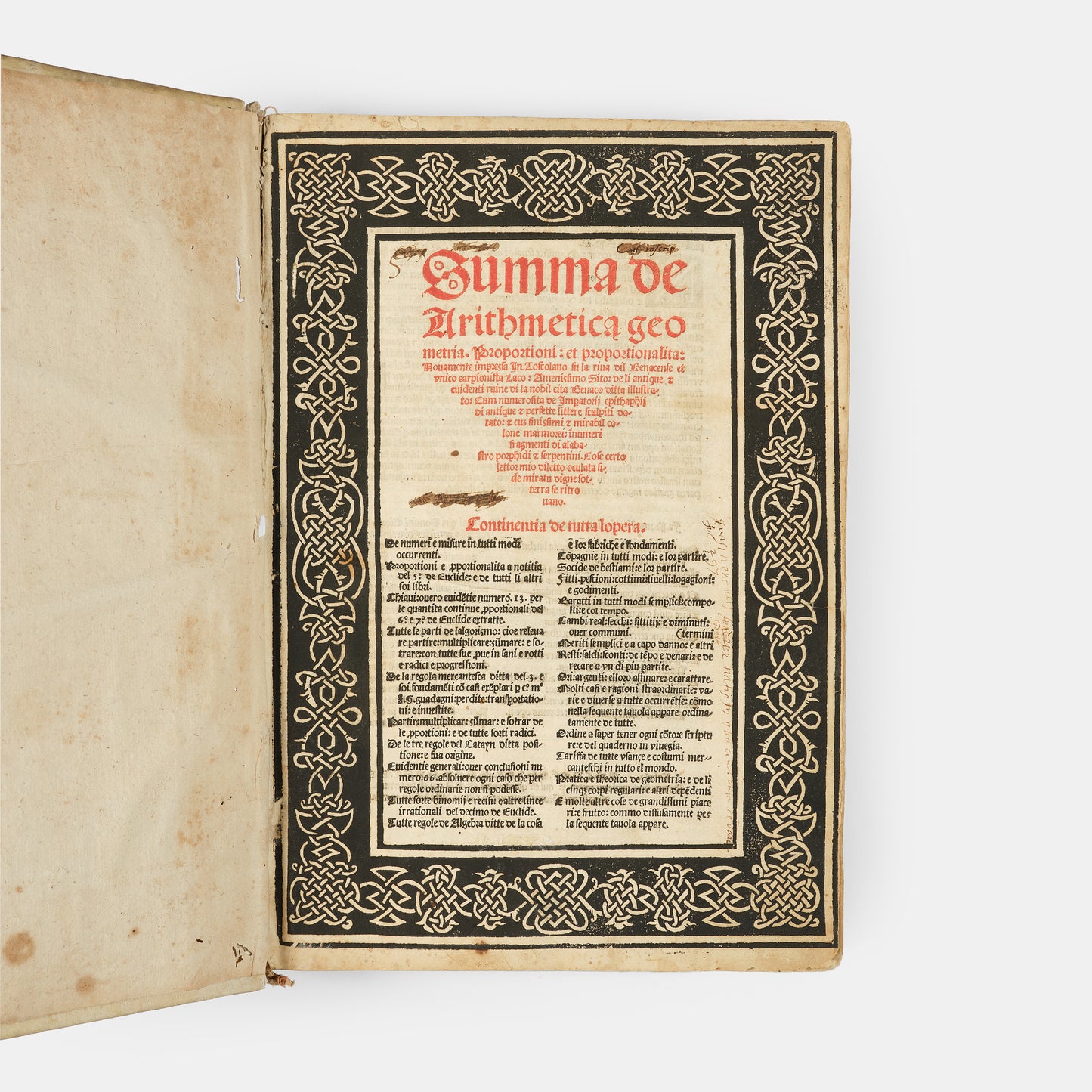 Second edition of Summa de Arithmetica by Luca Pacioli, the first mathematical encyclopaedia of the Renaissance.