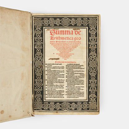 Second edition of Summa de Arithmetica by Luca Pacioli, the first mathematical encyclopaedia of the Renaissance.
