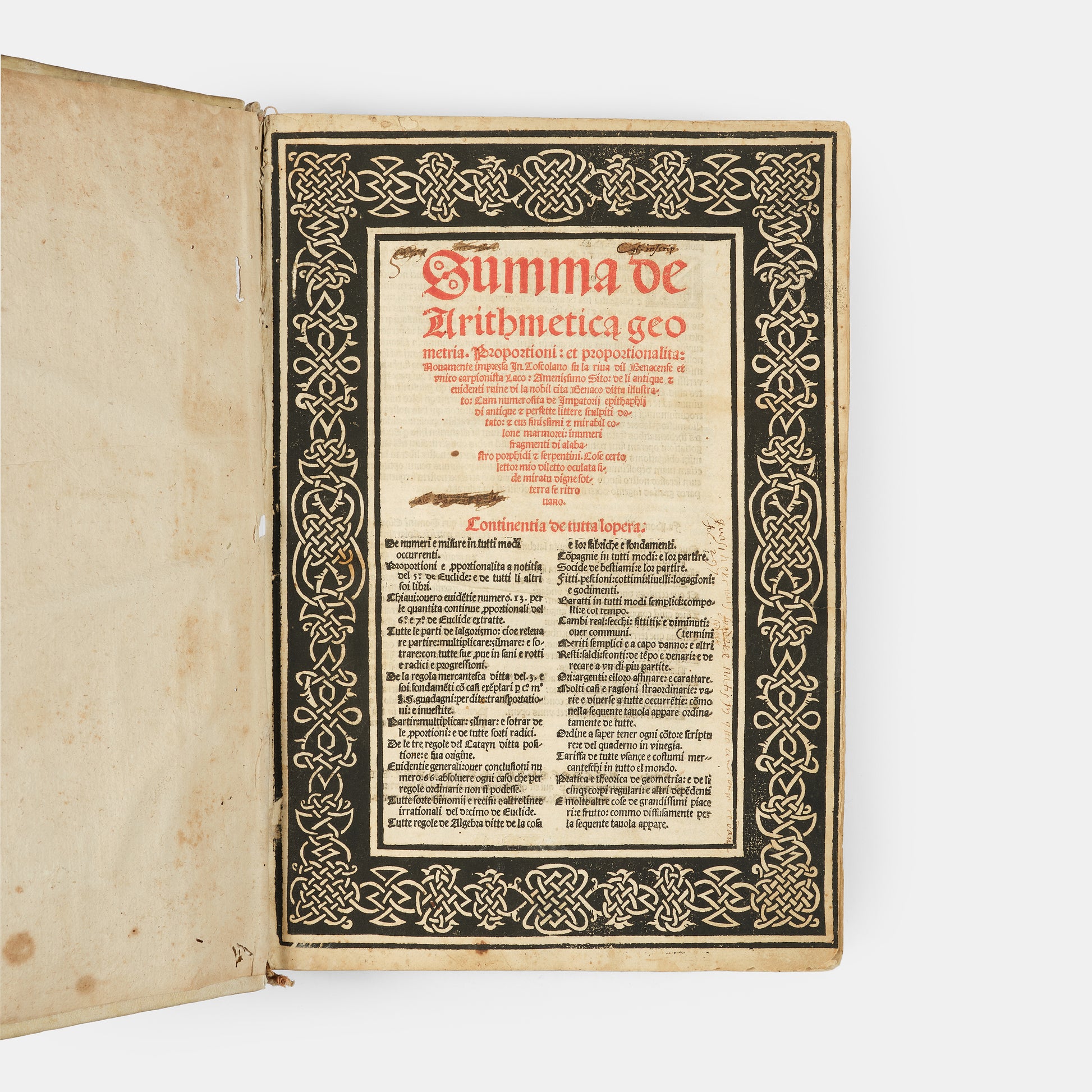 Second edition of Summa de Arithmetica by Luca Pacioli, the first mathematical encyclopaedia of the Renaissance.