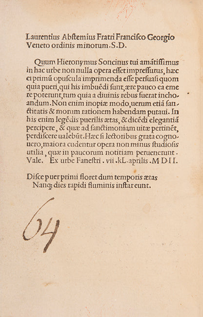 A collection of previously unpublished Latin poems of Christian interest, published by Soncino and edited by Abstemio.