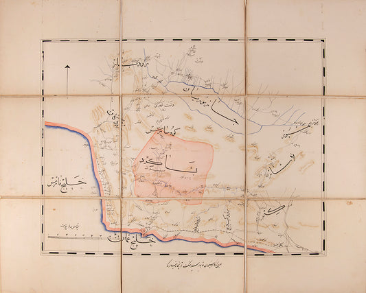 A single folding manuscript map of Beshagard in south-eastern Persia, copied by Sulayman Qajar in 1893