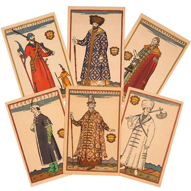 A scarce collection of postcards by Ivan Bilibin, taken from his costume designs for Boris Godunov and illustrations for fairytales. 