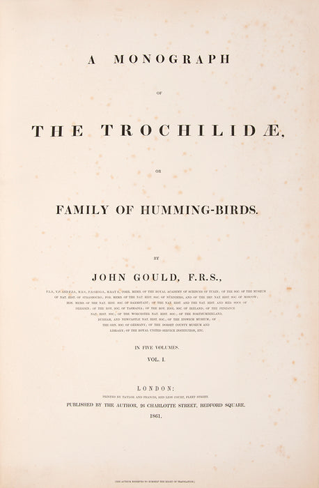 Monograph of the Trochilidae, or a family of humming birds.