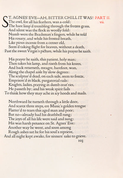 Poems by Keats selected and arranged by Thomas James Cobden-Sanderson, printed in red & black,original limp vellum stamped by the Doves Press. 