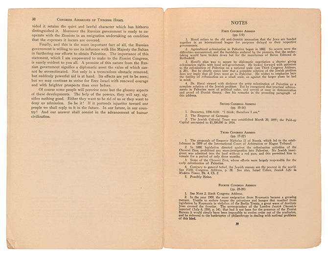 First English edition of this collection of six addresses by Herzl to the Zionist Congresses.