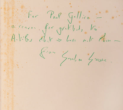 A first impression of the first English edition of Graham Greene's 'A Burnt-out Case' inscribed to the author Paul Gallico.