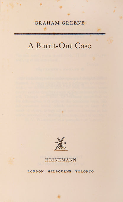 A first impression of the first English edition of Graham Greene's 'A Burnt-out Case' inscribed to the author Paul Gallico.