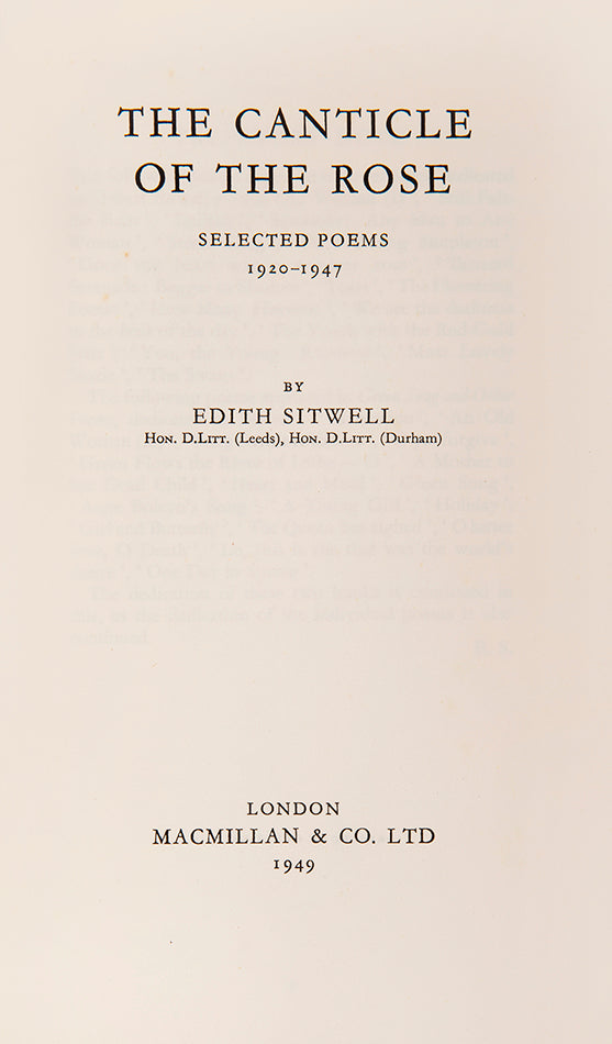 Presentation copy of the second edition of Edith Sitwell's Canticle of the Rose, inscribed to Sacheverell Sitwell.