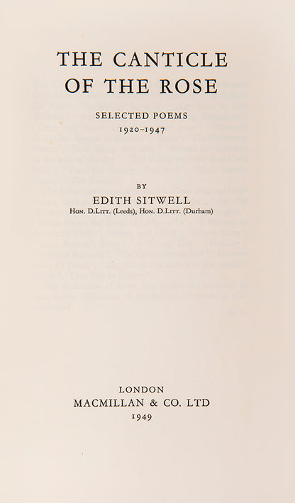 Presentation copy of the second edition of Edith Sitwell's Canticle of the Rose, inscribed to Sacheverell Sitwell.