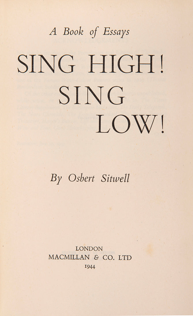 First edition of Osbert Sitwell's Sing High! Sing Low! with the dustjacket.