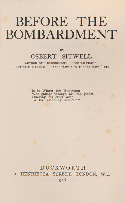 First edition of Osbert Sitwell's Before the Bombardment, complete with the dustjacket.