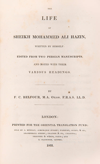 two volume first edition of the life of sheikh mohammed ali hazin, in english and farsi, 1830