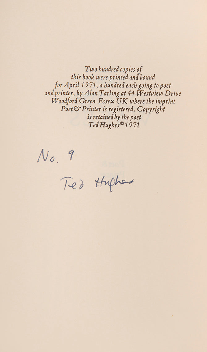 Number 9 of 200 copies of Crow Wakes by Ted Hughes, signed by the author, with presentation inscription to the poet George Tardios and his wife.
