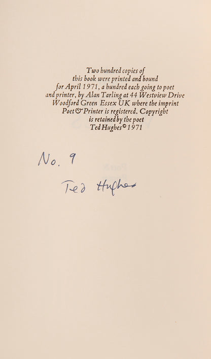 Number 9 of 200 copies of Crow Wakes by Ted Hughes, signed by the author, with presentation inscription to the poet George Tardios and his wife.