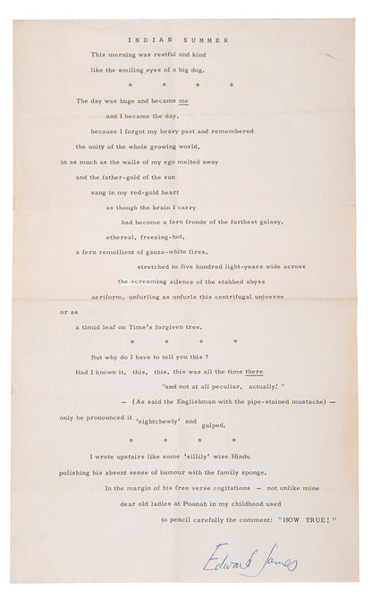 Indian Summer, typed poem signed by Edward James
