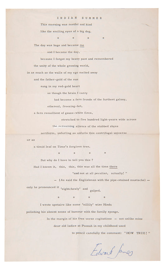 Indian Summer, typed poem signed by Edward James