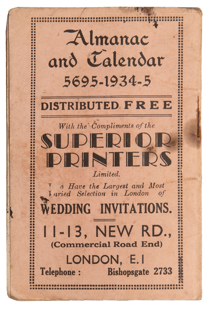 Pocket journal for the Jewish calendar year of 5695, including Jewish holidays, published in London.