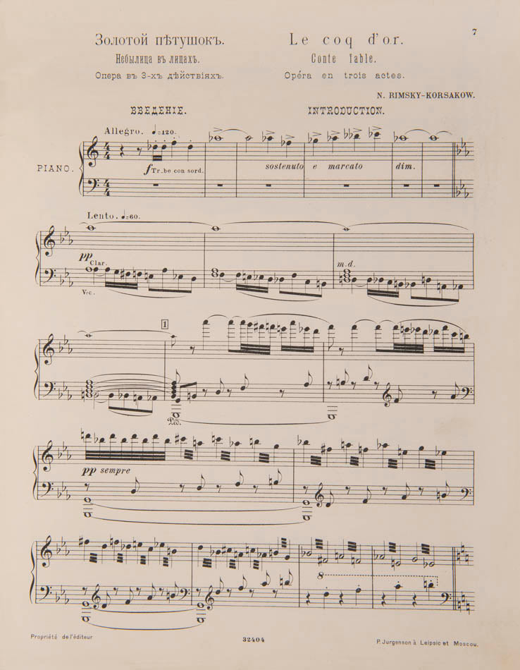 An attractive and scarce music score for Rimsky-Korsakov's opera, The Golden Cockerel, with the original wrappers designed by Bilibin. 