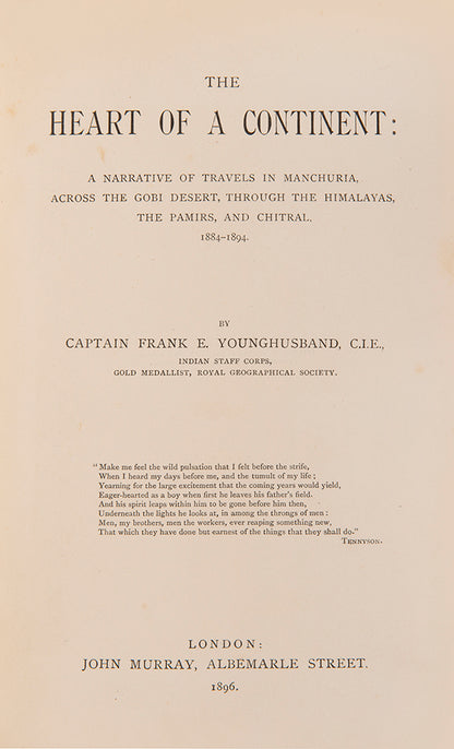 Starting in Manchuria, he continued to the Gobi Desert, to Kashmir and Kashgar, finally exploring the Pamir Plateau.