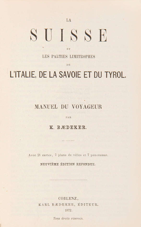 This is a particularly fine example of an early French edition. Plans include Geneva, Berne, Zurich and Milan.