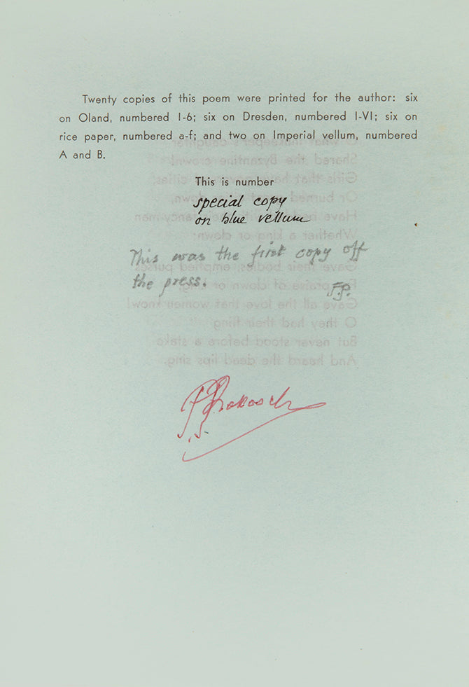The Singing Head by W.B. Yeats, privately printed and signed by the author Frederic Prokosch.