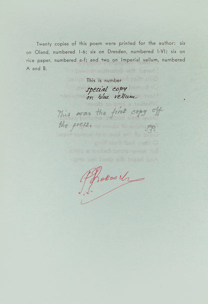The Singing Head by W.B. Yeats, privately printed and signed by the author Frederic Prokosch.