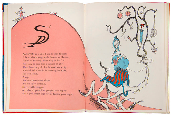 An excellent example of the first edition of On Beyond Zebra by Dr Seuss, with the dustjacket.