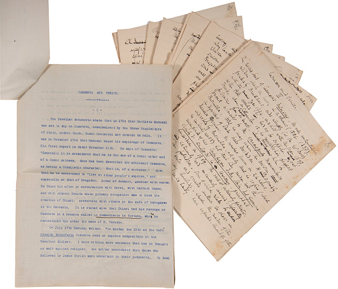 25 leaves of manuscript in which Symons discusses Casanova and his memoirs, and his arrest. With typescript hand-corrected by Symons.