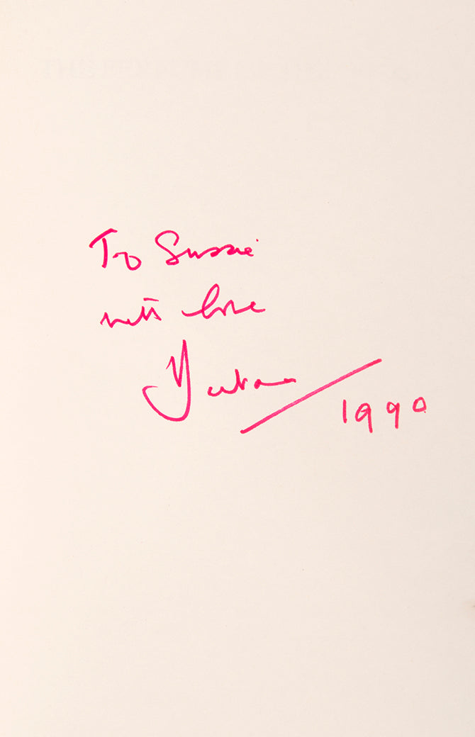 First edition inscribed by the author in pink ink on front free endpaper, dated 1990.