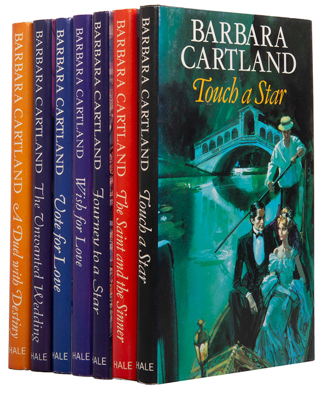A selection of 7 famous historical romances by Barbara Cartland each with signed presentation inscription to her neighbour Susie Walduck.
