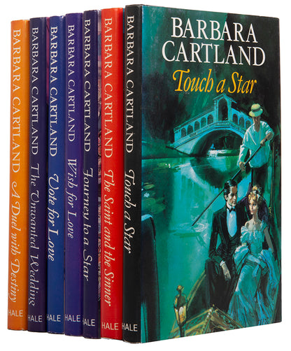 A selection of 7 famous historical romances by Barbara Cartland each with signed presentation inscription to her neighbour Susie Walduck.