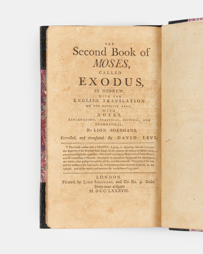 First edition of Levi's Hebrew-English Pentateuch, which came to be the best known bible translation by a Jew of its time, with a separate vol. of the Five Scrolls. 