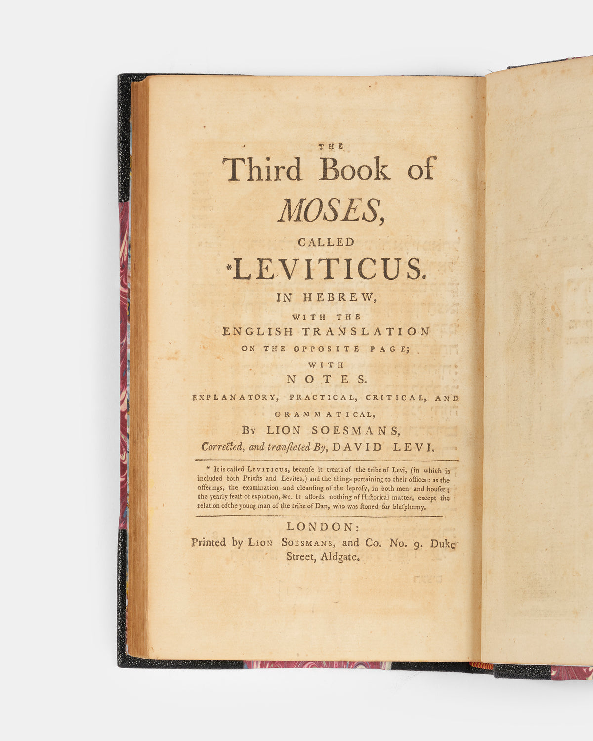First edition of Levi's Hebrew-English Pentateuch, which came to be the best known bible translation by a Jew of its time, with a separate vol. of the Five Scrolls. 