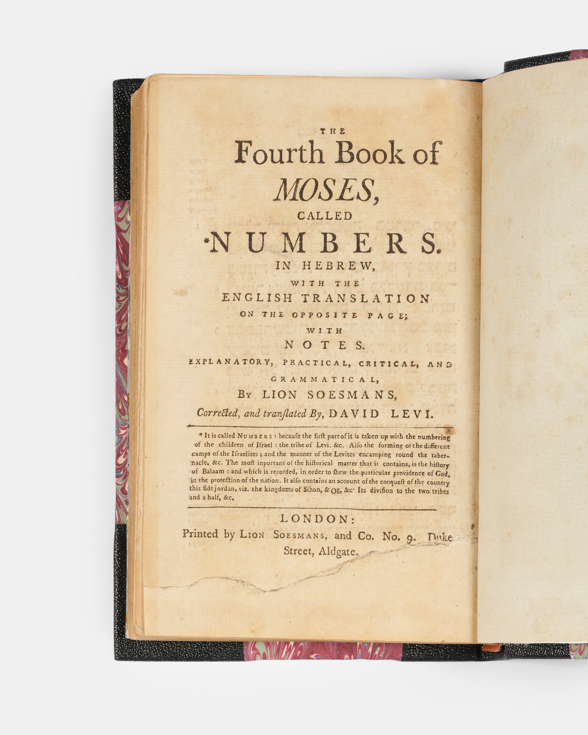 First edition of Levi's Hebrew-English Pentateuch, which came to be the best known bible translation by a Jew of its time, with a separate vol. of the Five Scrolls. 