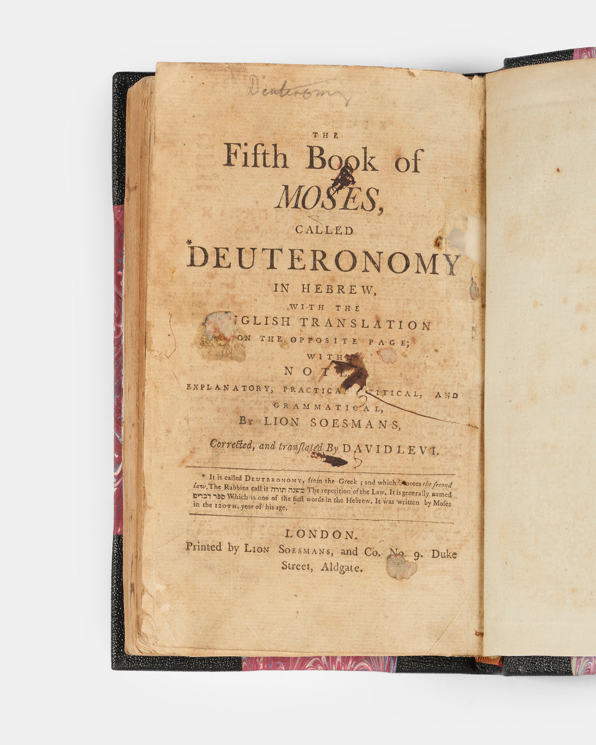 First edition of Levi's Hebrew-English Pentateuch, which came to be the best known bible translation by a Jew of its time, with a separate vol. of the Five Scrolls. 
