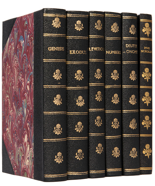 First edition of Levi's Hebrew-English Pentateuch, which came to be the best known bible translation by a Jew of its time, with a separate vol. of the Five Scrolls. 