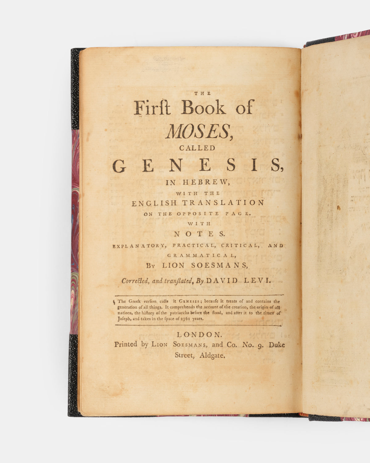 First edition of Levi's Hebrew-English Pentateuch, which came to be the best known bible translation by a Jew of its time, with a separate vol. of the Five Scrolls. 