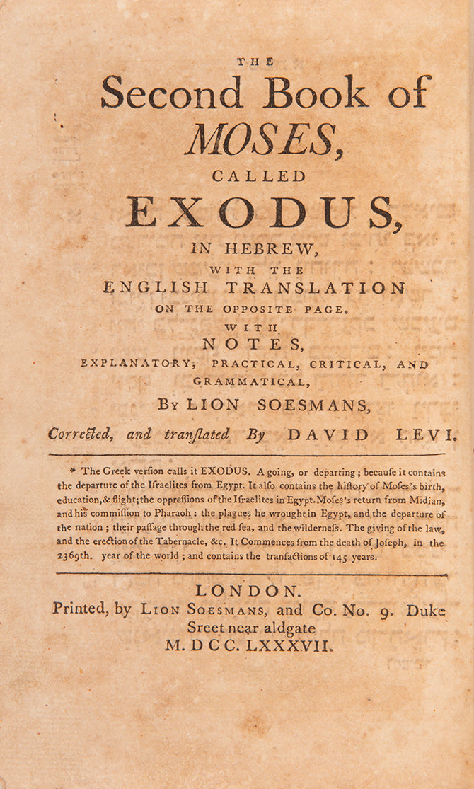 First edition of Levi's Hebrew-English Pentateuch, which came to be the best known bible translation by a Jew of its time, with a separate vol. of the Five Scrolls. 