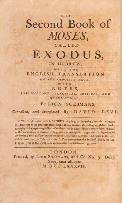 First edition of Levi's Hebrew-English Pentateuch, which came to be the best known bible translation by a Jew of its time, with a separate vol. of the Five Scrolls. 