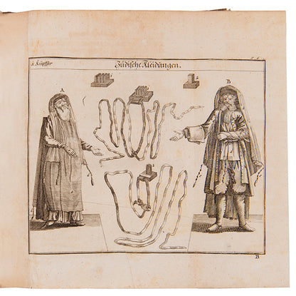 Fundamental and richly illustrated work by Kirchner describing Jewish customs, rituals and costumes, intended for German audience.