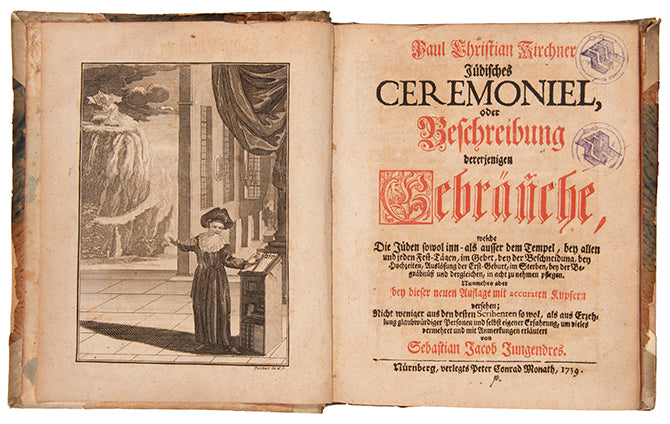 Fundamental and richly illustrated work by Kirchner describing Jewish customs, rituals and costumes, intended for German audience.