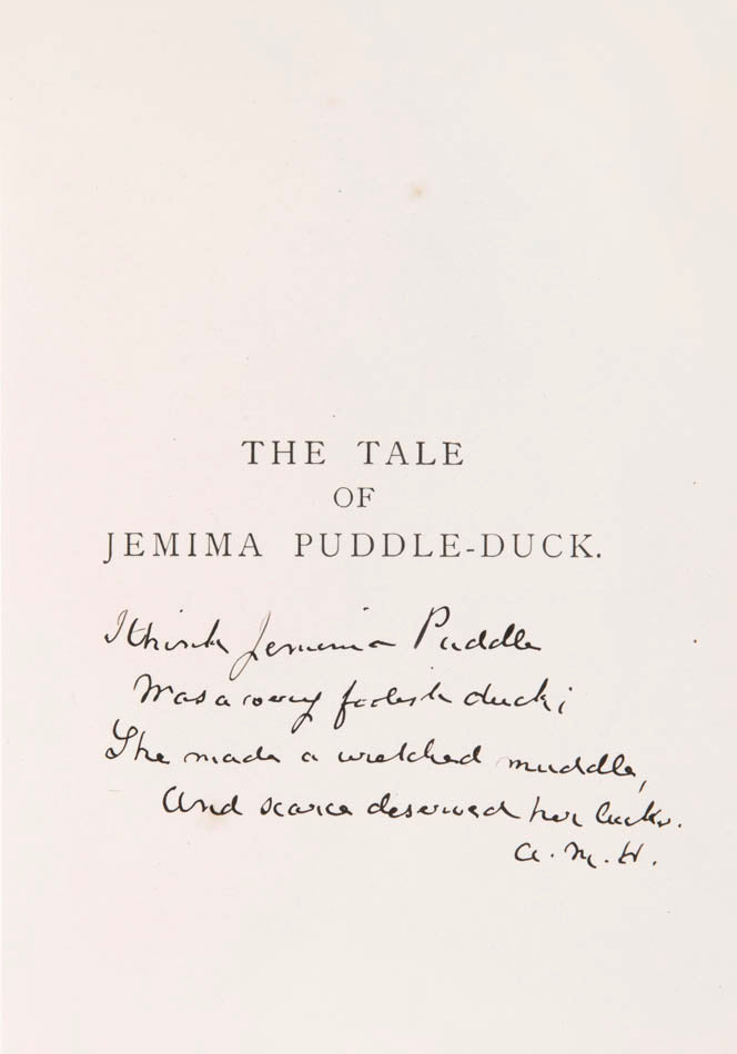 The Tale of Jemima Puddle-Duck by Beatrix Potter with a fine provenance.