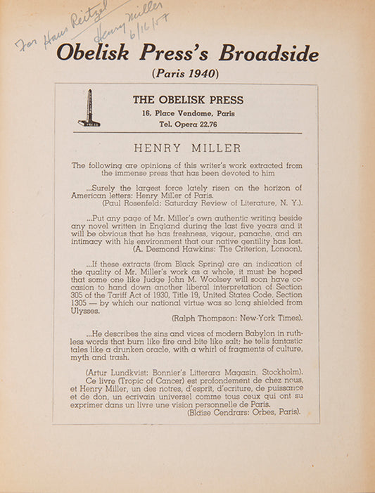 Presentation copy of the first edition of Of By and About Henry Miller, by Henry Miller to his Danish publisher Hans Reitzel.