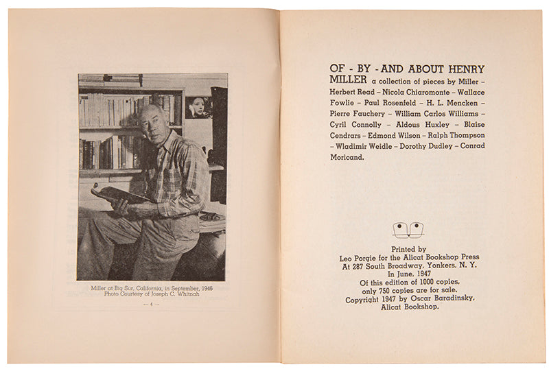 Presentation copy of the first edition of Of By and About Henry Miller, by Henry Miller to his Danish publisher Hans Reitzel.