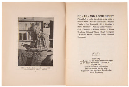 Presentation copy of the first edition of Of By and About Henry Miller, by Henry Miller to his Danish publisher Hans Reitzel.